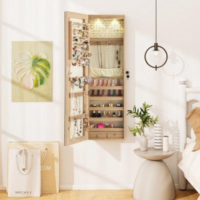 Wall and Door Mounted Mirrored Jewelry Cabinet with Lights-Natural