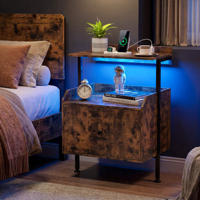 Wall-mounted Nightstand with LED Lights and Charging Station for Bedroom-Rustic Brown