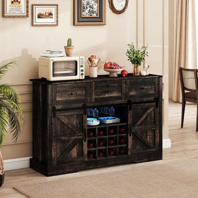 52 Inches Wine Bar Cabinet with LED Lights and Sliding Barn Doors-Black