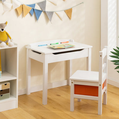 Flip-Top Wood Kids Activity Table and Chair Set with Hidden Storage Space-White