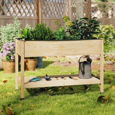 Wood Elevated Planter Bed with Lockable Wheels Shelf and Liner