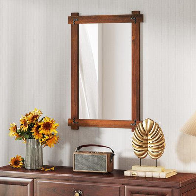 Wood Framed Mirror with Acacia Wood Frame and Vintage Rivet Design Brown-M