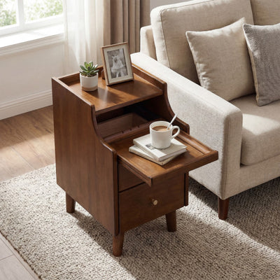 Wood Nightstand with Drawers and Solid Wood Legs for Bedroom-Brown