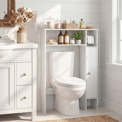 Wood Over the Toilet Bathroom Space Saver with Paper Holder and Shelf-White