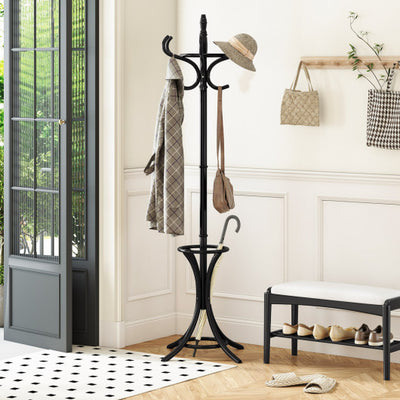 Wood Standing Hat Coat Rack with Umbrella Stand-Black