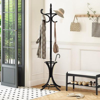 Wood Standing Hat Coat Rack with Umbrella Stand-Black
