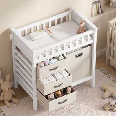 Wooden Baby Changing Table Diaper Changing Station with 3 Fabric Storage Drawers-Beige
