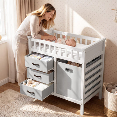Wooden Baby Changing Table Diaper Changing Station with 3 Fabric Storage Drawers-Grey