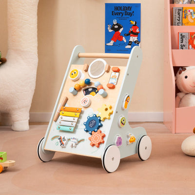 Wooden Baby Walker Push and Pull Learning Activity Center with Wheels for Toddlers 1+ Years Old-Green