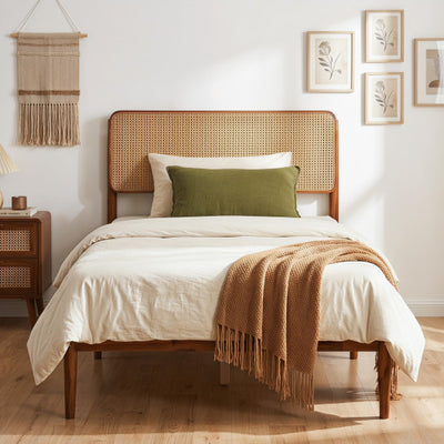Wooden Boho Rattan Brown Bed Frame with Wooden Slat Support-Twin