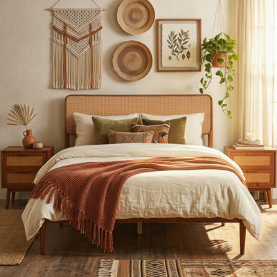 Wooden Boho Rattan Brown Bed Frame with Wooden Slat Support-Full