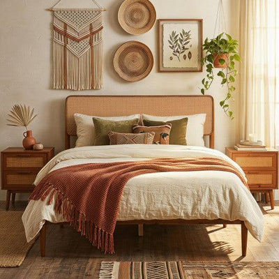 Wooden Boho Rattan Brown Bed Frame with Wooden Slat Support-Full