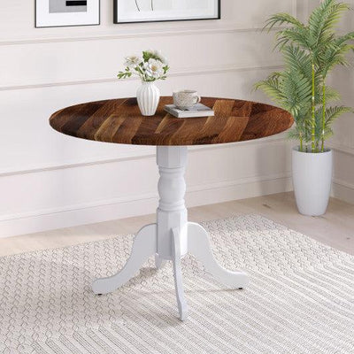 Wooden Dining Table with Round Tabletop and Curved Trestle Legs-Walnut & White