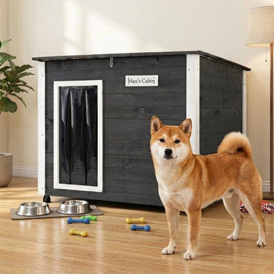 Wooden Dog House Outdoor with Natural Spruce Wood Frame Removable Floor and Openable Asphalt Roof-S