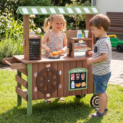 Wooden Grocery Store Playset for Kids with Large Wheels