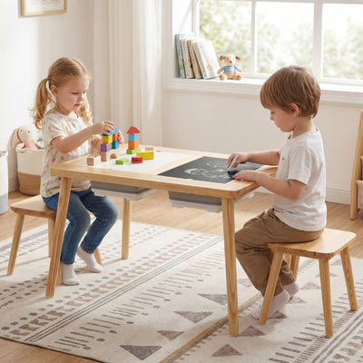 Wooden Kids Activity Table Set with 2 Foldable Storage Bins-Natural