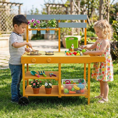 Wooden Outdoor Mud Kitchen for Kids with Flowerpots and Wheels-Yellow