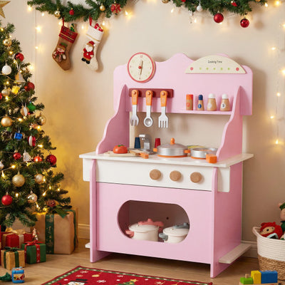 Wooden Play Kitchen for Kids Pretend Play Toy Kitchen Set with Clock Gift for Boys and Girls 3 +Pink