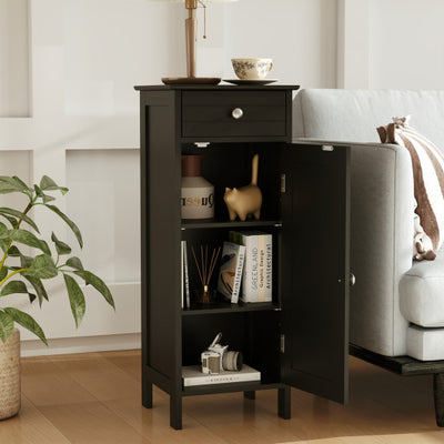 Wooden Storage Free-Standing Floor Cabinet with Drawer and Shelf-Black