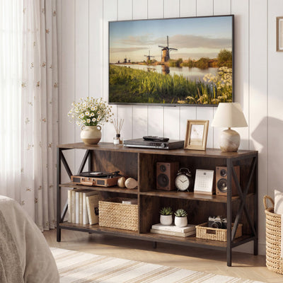 Wooden TV Stand Entertainment for TVs up to 55 Inch with X-Shaped Frame-Rustic Brown