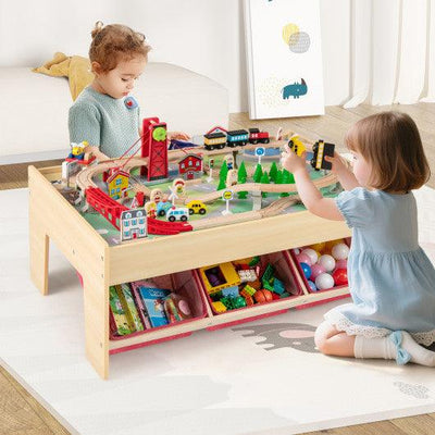 Wooden Train Set Table Kids Multipurpose Activity Play Table with 2 Reversible Tabletops-Red