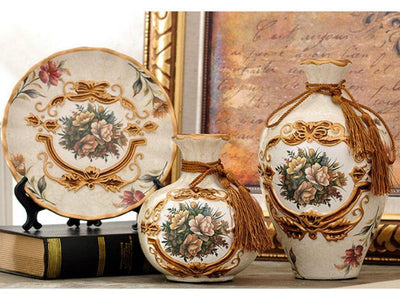 Royal Collection 3-Piece Ceramic Vase Set – Elegant Light Brown Ceramic Vases with Golden Rim and Tassel Design