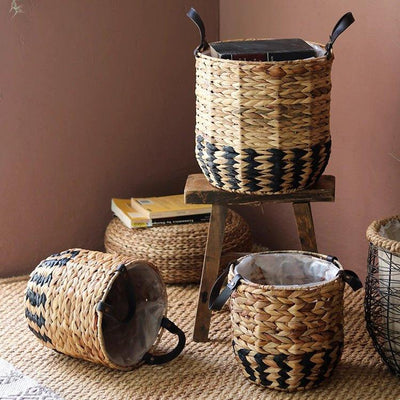 Two-Tone Basket Planter with Leather Handles