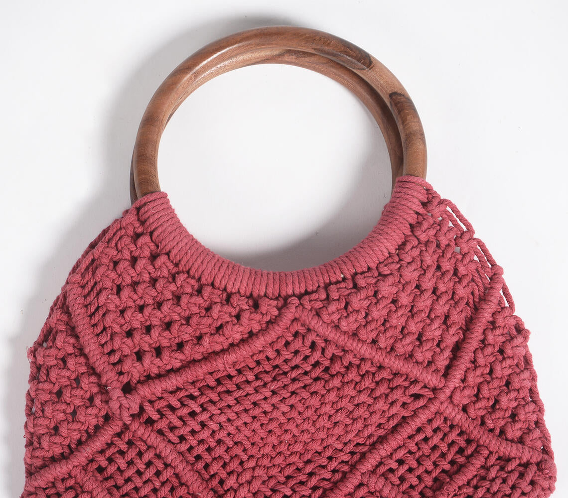 Macrame Red Handbag with Wooden handles