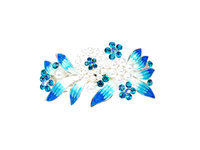 Barrette with colored rhinestones and white pearls - Blue
