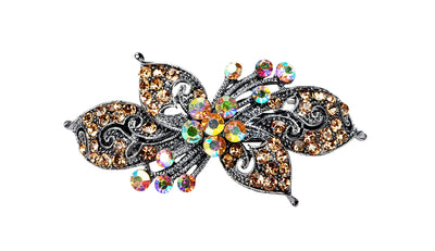 Antique silver hair barrette with complimenting color small rhinestones - Topaz