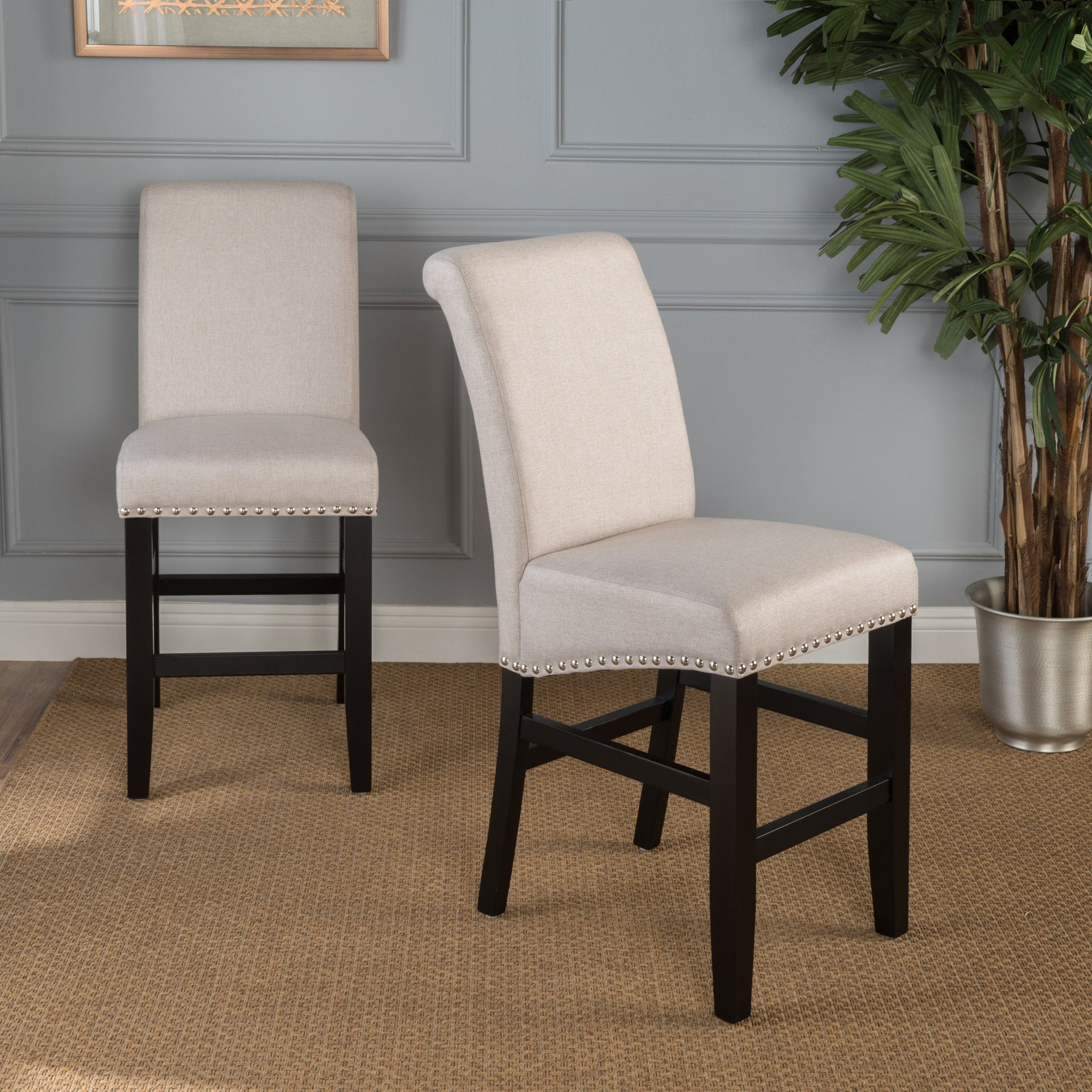 25' Contemporary Upholstered Counter Stools with Nailhead Trim (Set of 2), Wheat/Matte Black, Fabric