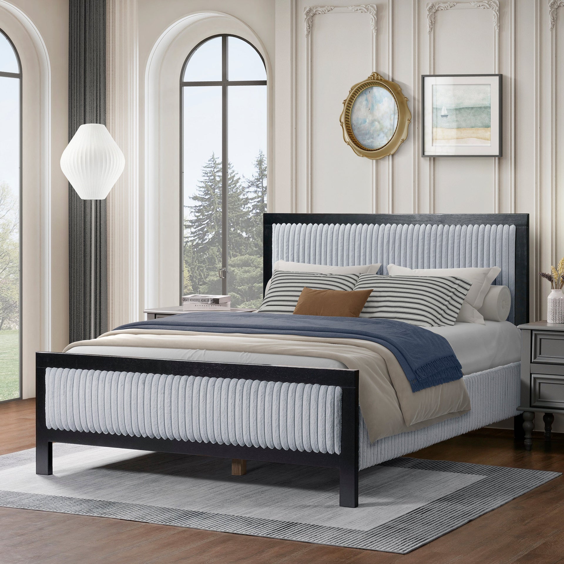 Queen Upholstered Bed with Fluffy Soft Headboard,Grey+Black Frame
