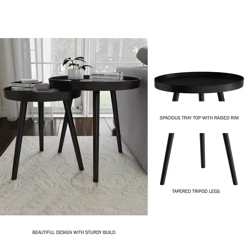 Wooden Nesting round Tray Top Matte Black Side Tables (Set of 2)