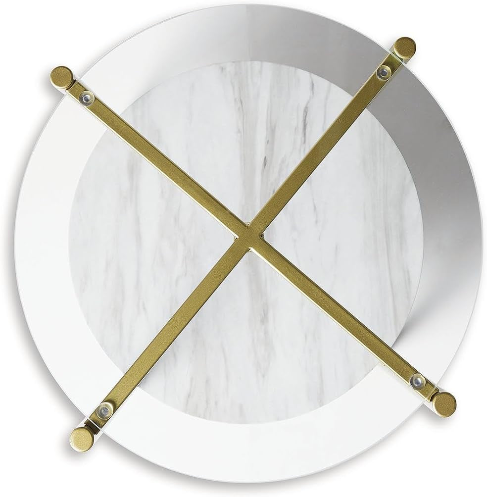 Wynora Contemporary round End Table with Glass & Faux Marble, White & Gold
