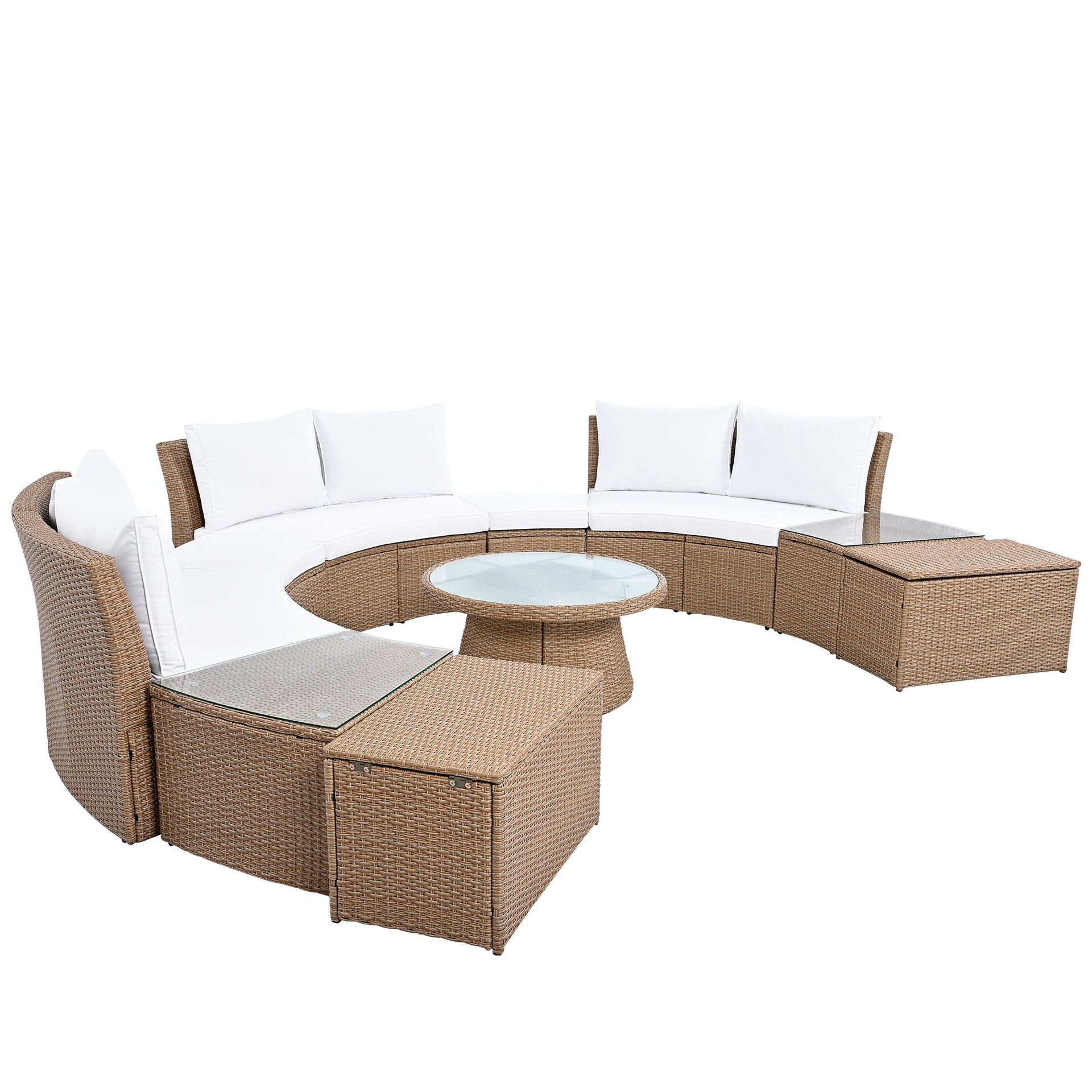 10-Piece Outdoor Sectional Half Round Patio Rattan Sofa Set, PE Wicker Conversation Furniture Set for Free Combination, White
