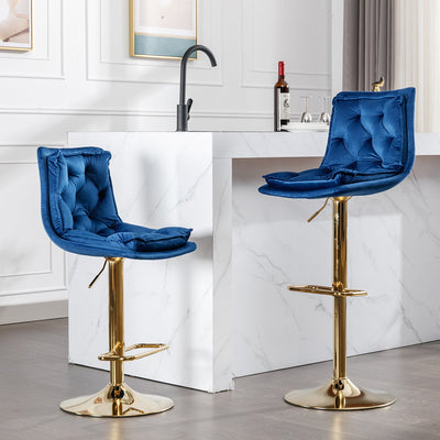 Set of 2 Bar Stools — Chrome Footrest, Swivel Height-Adjustable Velvet Seat, Golden Legs
