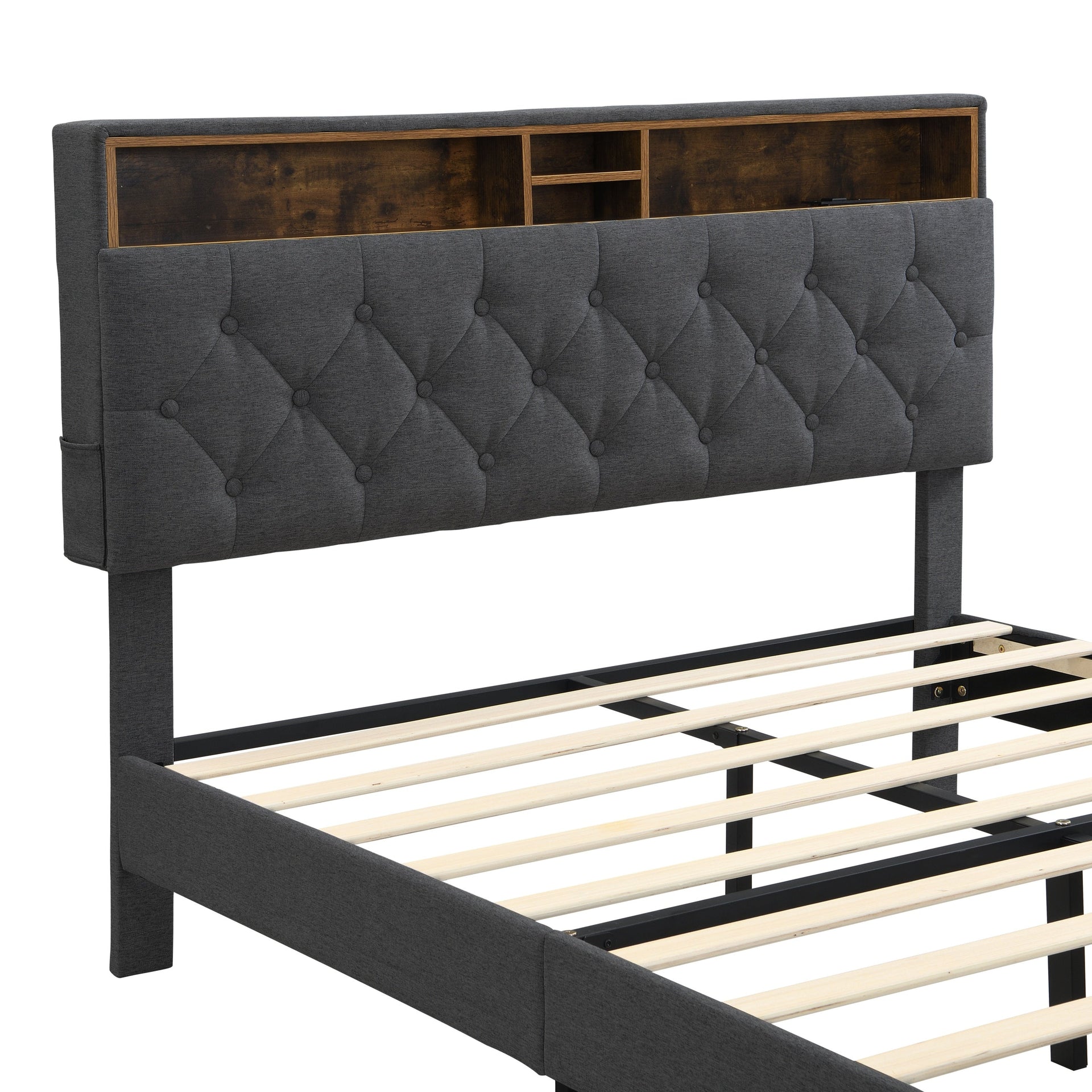 Modern Dark Grey Queen-Size Upholstered Platform Bed Frame with Button-Tufted Linen Headboard and USB Ports