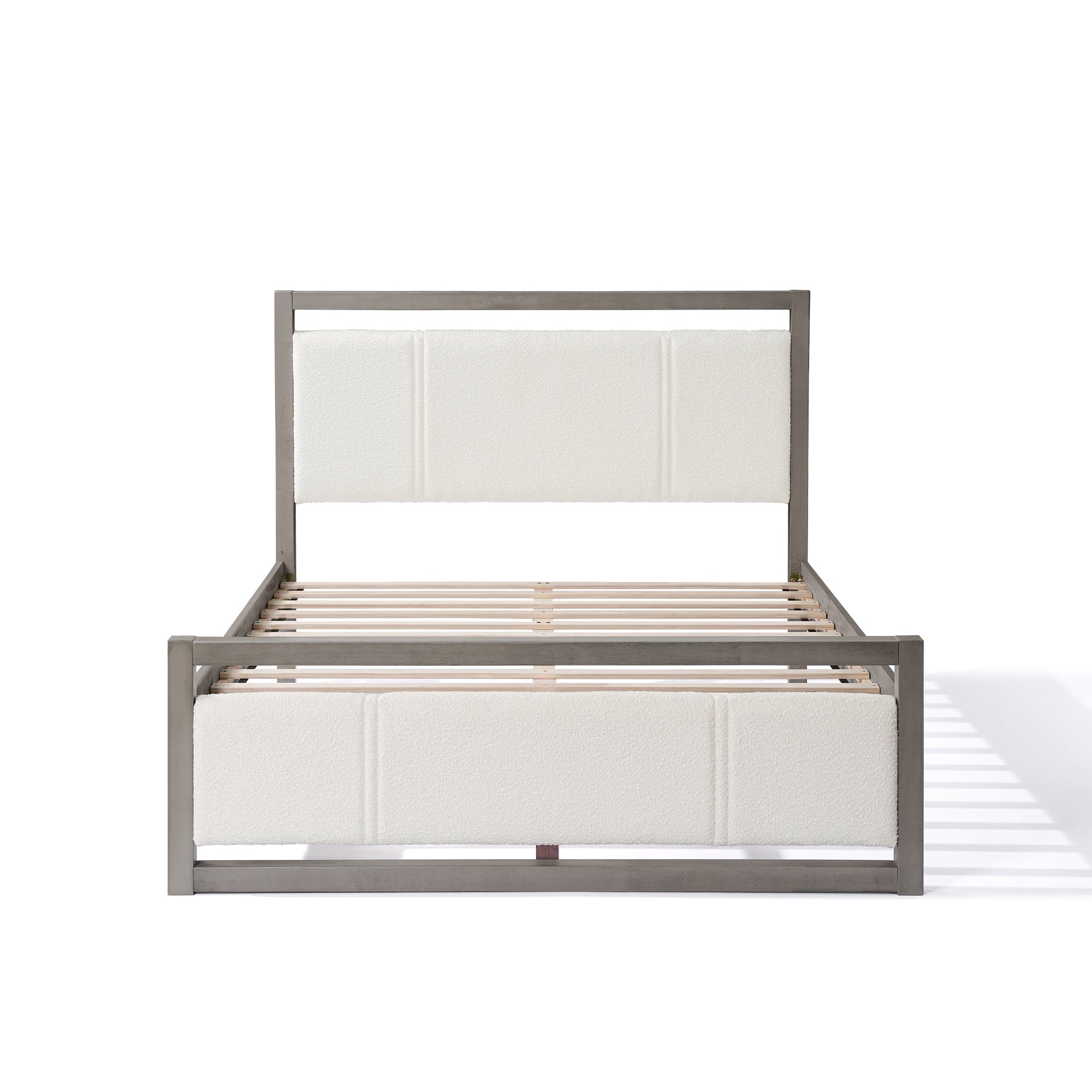Queen Bed with Ivory Boucle Fabric Headboard, Wood Frame