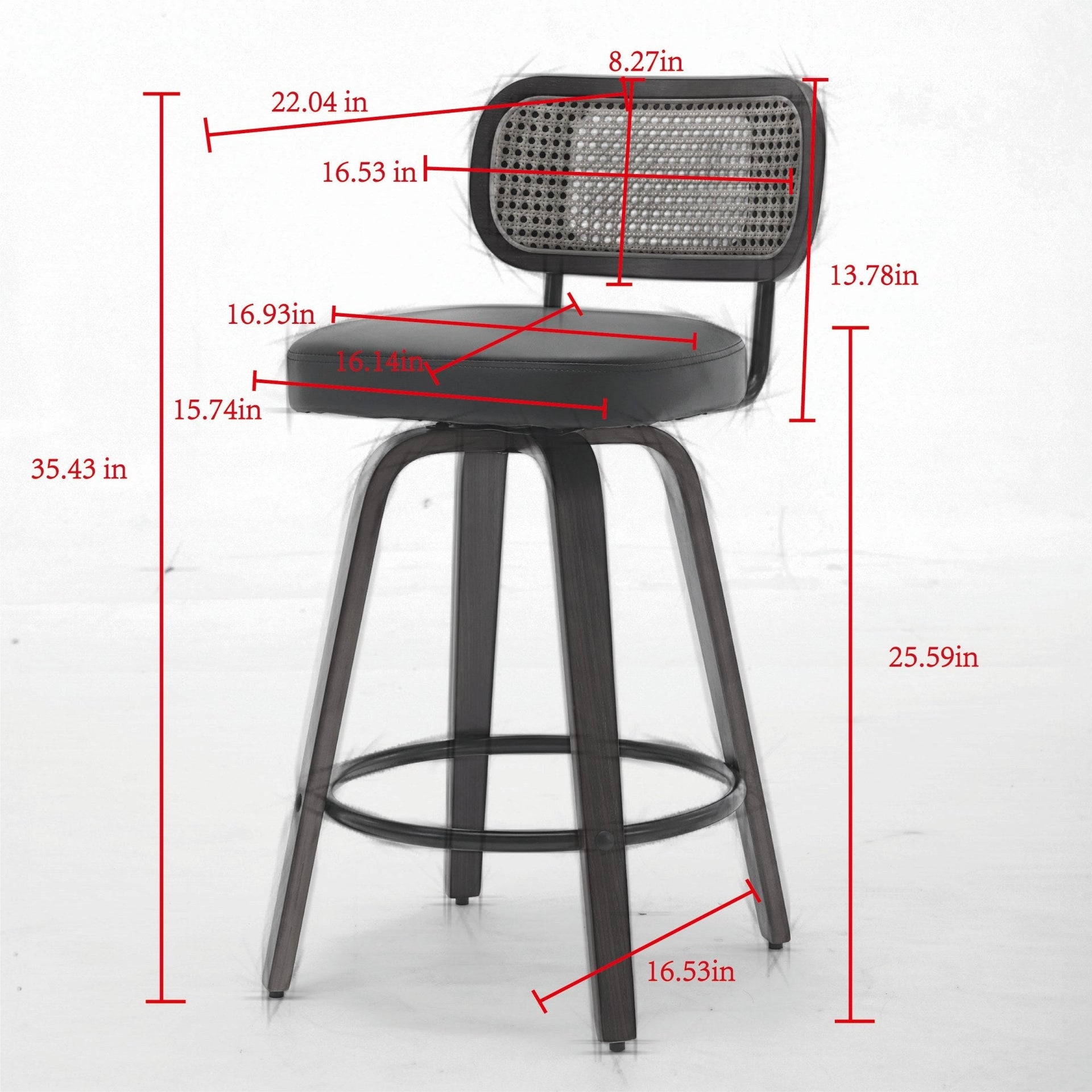 Set of 2 Counter Height Bar Stools - 26 inch Rattan Counter Height Stools with Cane Back, Upholstered Seat, Walnut Craftsmanship, Swivel Counter Stools for Island/Kitchen/Counter/Bar (Walnut Black)