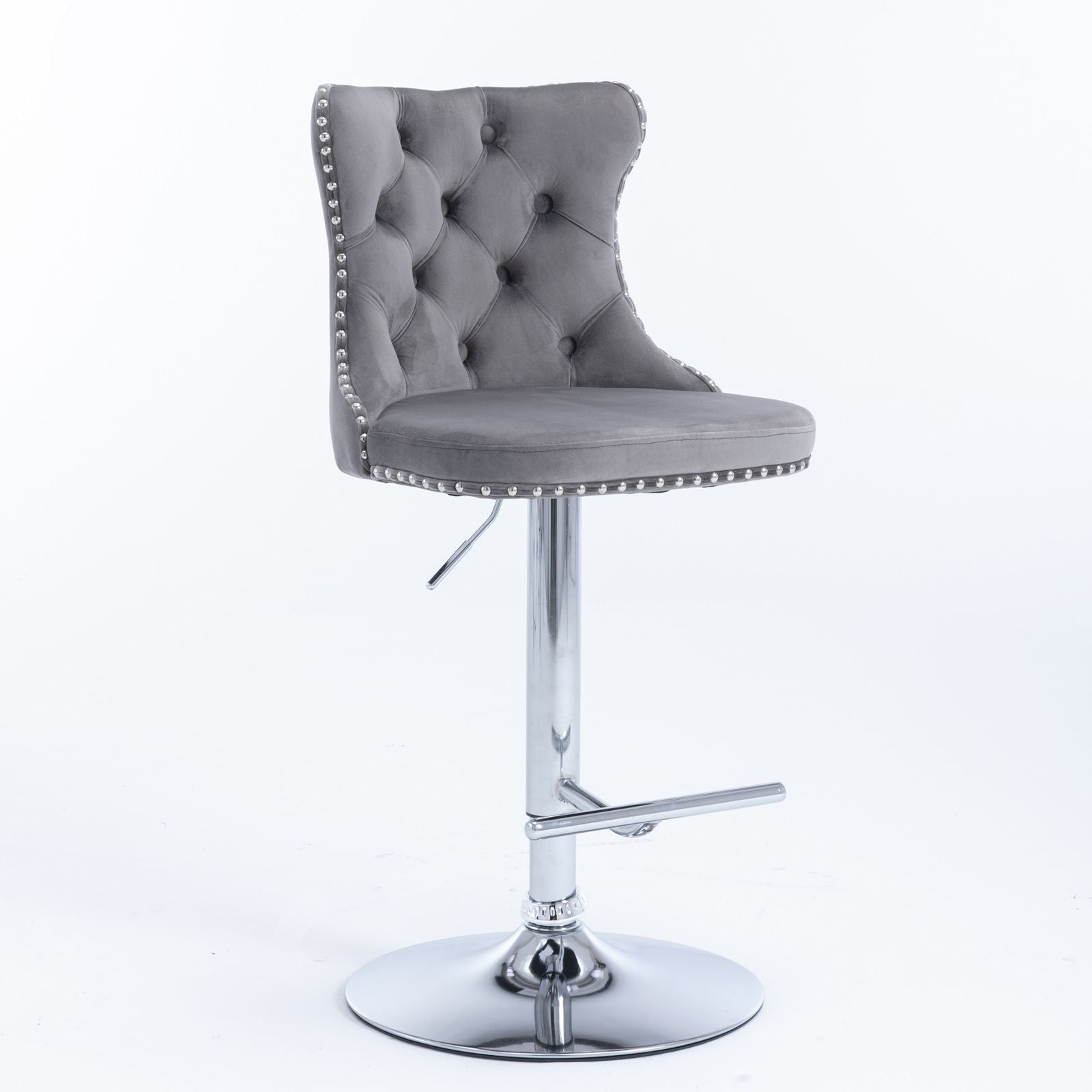 A&A Furniture,Swivel Velvet Barstools Adjusatble Seat Height from 25-33 Inch, Modern Upholstered Chrome base Bar Stools with Backs Comfortable Tufted for Home Pub and Kitchen Island(Gray,Set of 2)