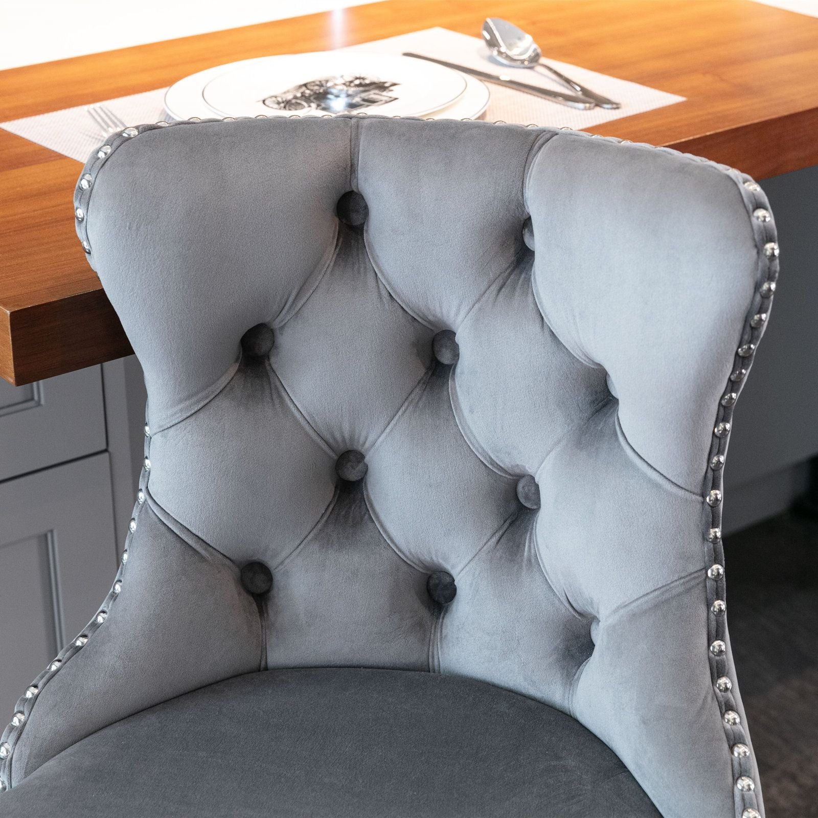 A&A Furniture,Swivel Velvet Barstools Adjusatble Seat Height from 25-33 Inch, Modern Upholstered Chrome base Bar Stools with Backs Comfortable Tufted for Home Pub and Kitchen Island(Gray,Set of 2)
