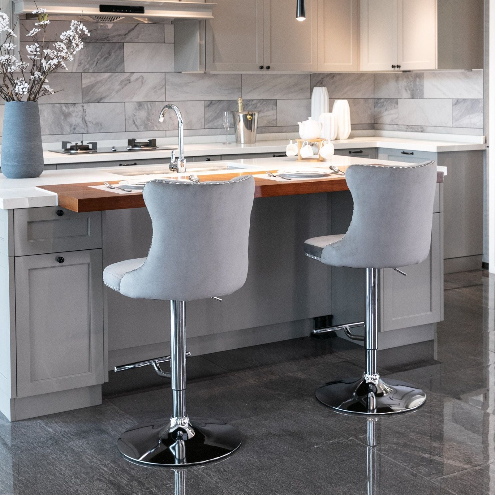 A&A Furniture,Swivel Velvet Barstools Adjusatble Seat Height from 25-33 Inch, Modern Upholstered Chrome base Bar Stools with Backs Comfortable Tufted for Home Pub and Kitchen Island(Gray,Set of 2)