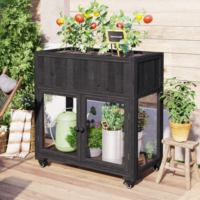 Patio Mini Wood Cold Frame Compact 2-Door Garden Greenhouse with Wheels and Liner