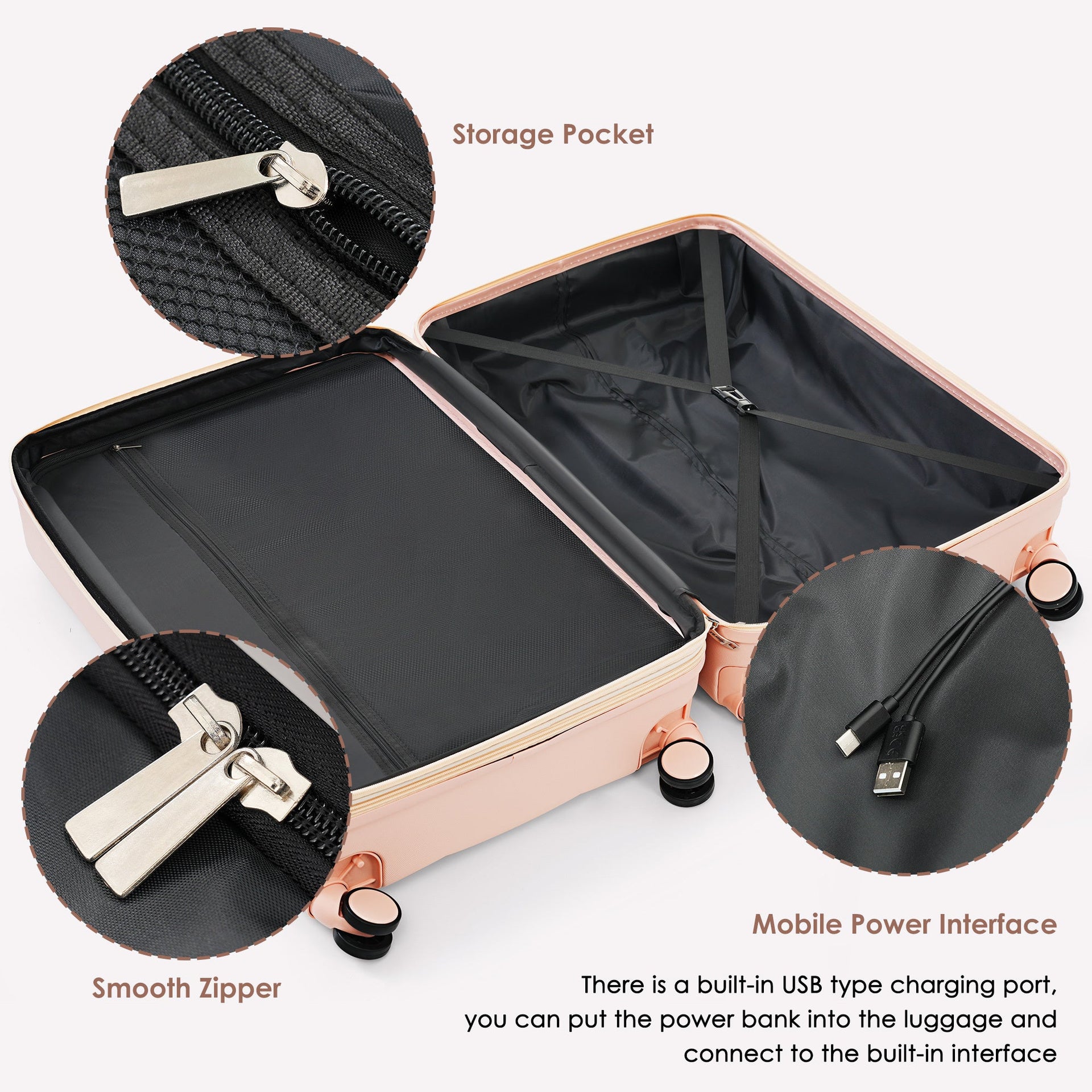 Luggage Sets 3 Piece, 20-inch with USB Port and front opening design, ABS Hard Shell Luggage with Spinner Wheels, Cup Holder, pink