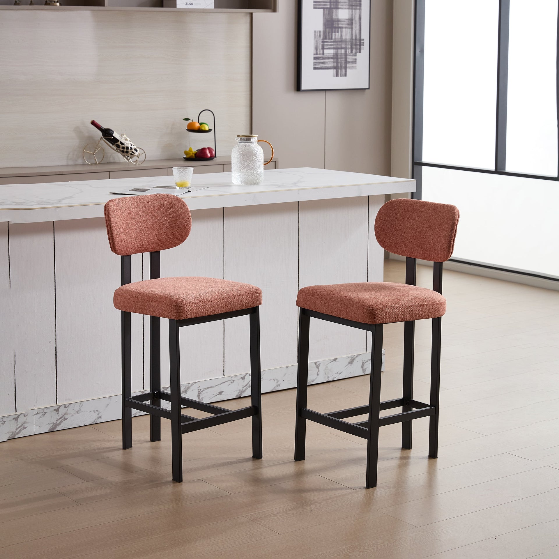 Bar Stools Set of 2, 26 inch Modern Upholstered Fabric Counter Height Barstools, Kitchen Island Chairs with Black Metal Legs for Dining Room/Kitchen Island/Bar