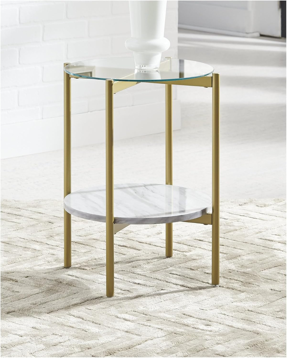 Wynora Contemporary round End Table with Glass & Faux Marble, White & Gold