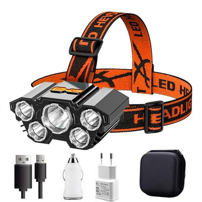 Adjustable USB Rechargeable Torch Lamp Built-in Battery 5 Led Strong Headlight Waterproof Rechargeable Super Bright Head-Mounted Flashlight For Outdoor Night Camping