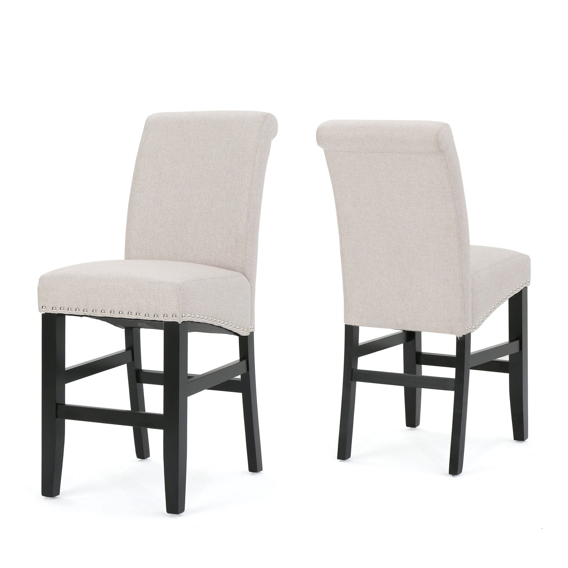25' Contemporary Upholstered Counter Stools with Nailhead Trim (Set of 2), Wheat/Matte Black, Fabric