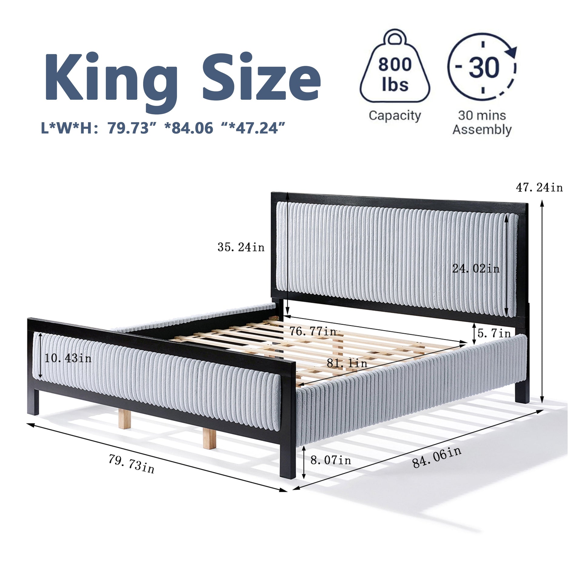 King Size Upholstered Bed with Fluffy Soft Headboard,Grey+Black Frame
