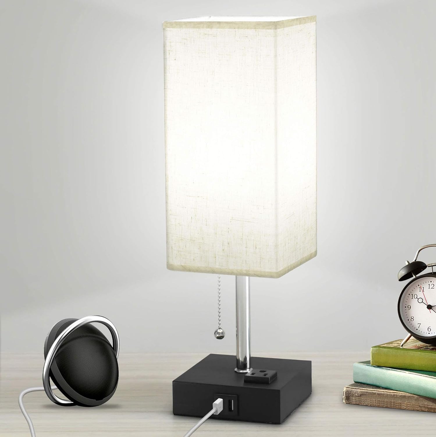 Table Lamp with USB Port – Bedside Lamp featuring 2 Fast USB Charging Ports & AC Outlet, Includes 5000K Daylight LED Bulb, Modern Design for Bedroom Nightstand or Living Room